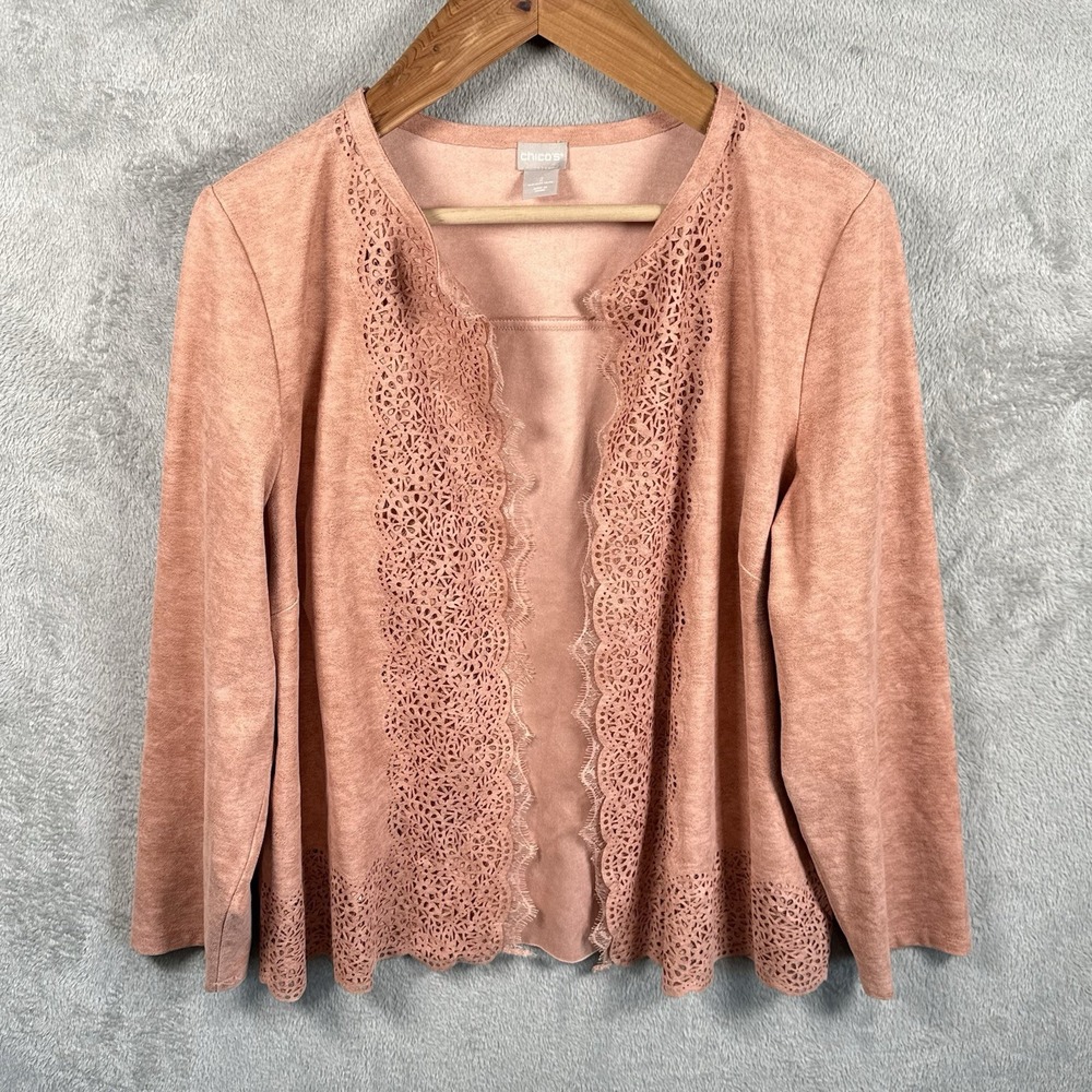 Chico's Open Front Jacket Women L Coral Laser Cut Faux Suede L/S Casual 5509